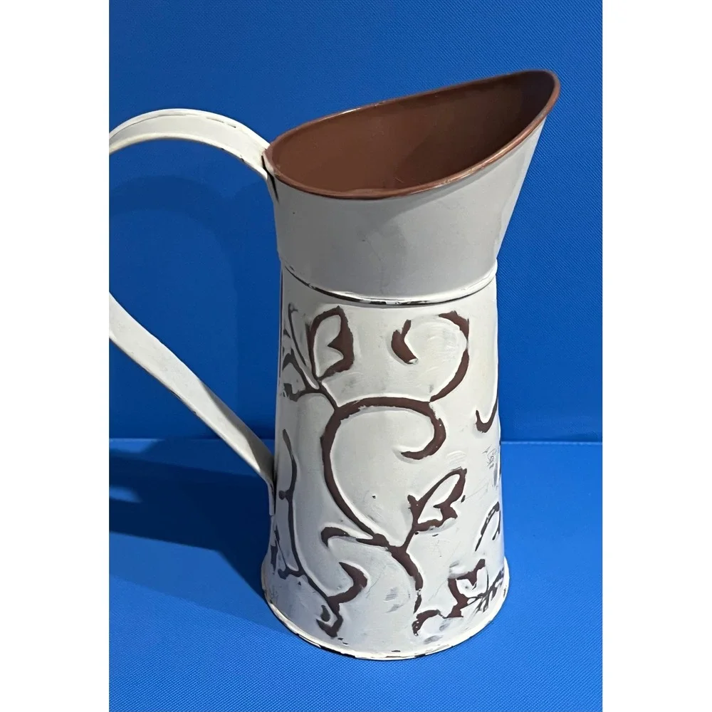 Hosley White Wash Metal Decorative Pitcher Farmhouse Embossed Scroll Vase